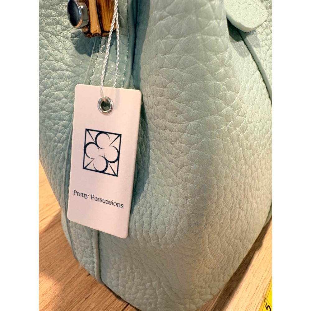 Pretty Persuasions Bamboo Handle Pebble Leather Bucket‎ Sage Green Crossbody NwT